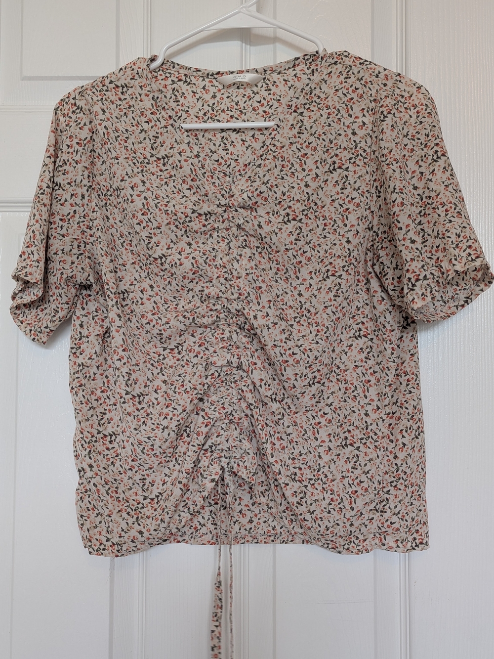 Floral Drawstring Ruched Blouse - Beige/Pink